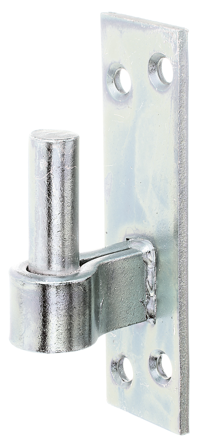 Gond sur platine Crochet DII, type Allemagne du sud, avec trous de vis fraisés, Matériau: Acier brut, Finition: galvanisée passivée, Distance axe-Ø: 16 mm, Entraxe axe - platine: 28 mm, Hauteur de platine: 133 mm, Largeur de platine: 40 mm, Longueur axe: 45 mm, Épaisseur du matériau: 5,00 mm, Nombre de trous: 4, Trou: Ø8,5 mm