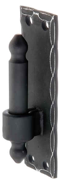 Gozne sobre pletina DI, hierro forjado, Material: Acero crudo, Superficie: galvanizado, recubrimiento plástico en negro, Ø Entre eje: 16 mm, Distancia eje-pletina: 10 mm, Altura de la pletina: 150 mm, Anchura de la pletina: 45 mm, Longitud del eje: 45 mm, Versión: martillado, Espesura del material: 5,00 mm, Número de agujeros: 4, Perforación: Ø8,5 mm