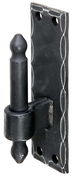 Gozne sobre pletina DII, hierro forjado, Material: Acero crudo, Superficie: galvanizado, recubrimiento plástico en negro, Ø Entre eje: 16 mm, Distancia eje-pletina: 25 mm, Altura de la pletina: 150 mm, Anchura de la pletina: 45 mm, Longitud del eje: 45 mm, Versión: martillado, Espesura del material: 5,00 mm, Número de agujeros: 4, Perforación: Ø8,5 mm