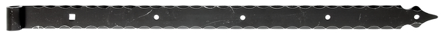 Penture avec pointes décoratives, Matériau: Acier brut, Finition: zinguée, plastifiée noire, Longueur: 820 mm, ø gond: 16 mm, Largeur: 45 mm, Version: martelée, Épaisseur du matériau: 6,00 mm, Nombre de trous: 4 / 1, Trou: Ø9 / 11 x 11 mm