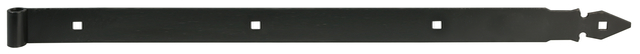 Zawias pasowy prosty z ozdobnym szpicem, materiał: stal surowa, powierzchnia: lakierowana na mokro, czarna, Długość: 595 mm, Średnica rolki: 14,5 mm, Szerokość: 45 mm, Grubość materiału: 4,00 mm, Liczba otworów: 3, Otwór: 10 x 10 mm, Polska