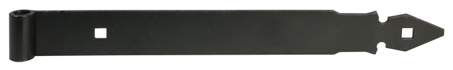 Zawias pasowy prosty z ozdobnym szpicem, materiał: stal surowa, powierzchnia: lakierowana na mokro, czarna, Długość: 495 mm, Średnica rolki: 14,5 mm, Szerokość: 45 mm, Grubość materiału: 4,00 mm, Liczba otworów: 3, Otwór: 10 x 10 mm, Polska