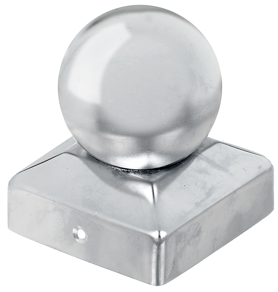 Capuchon de poteau pour poteaux en bois carré, avec boule, avec trous de vis fraisés, Matériau: Acier inoxydable, Longueur: 70 mm, Largeur: 70 mm, Ø de la bille: 60 mm