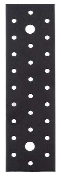 Piastra di giunzione multiforo, Materiale: acciaio grezzo, superficie: zincata, plastificata nera, con marcatura ai sensi della EN 14545, lunghezza: 200 mm, Larghezza: 60 mm, Spessore del materiale: 2,00 mm, Numero di fori: 2 / 26, Foro: Ø11 / Ø5 mm, 15 anni di garanzia contro la formazione di ruggine, CutCase