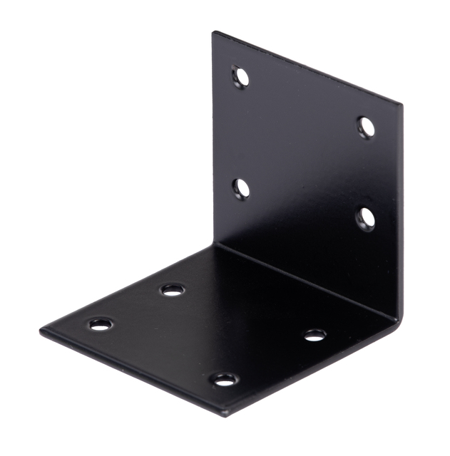 Équerre large côtés égaux, avec trous de vis fraisés, Matériau: Acier brut, Finition: zinguée, plastifiée noire, Profondeur: 60 mm, Hauteur: 60 mm, Largeur: 60 mm, Épaisseur du matériau: 2,00 mm, Nombre de trous: 8, Trou: Ø5 mm, Garantie de 15 ans contre l'oxydation, CutCase