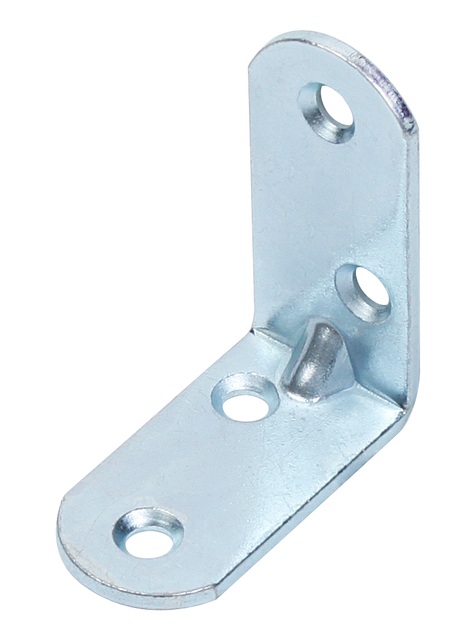 Équerre de chaise renforcée avec bouts arrondis, avec trous de vis fraisés, Matériau: Acier brut, Finition: zinguée, Largeur: 40 mm, Hauteur: 40 mm, Profondeur: 19 mm, Épaisseur du matériau: 2,00 mm, Nombre de trous: 4, Trou: Ø4,7 mm, CutCase
