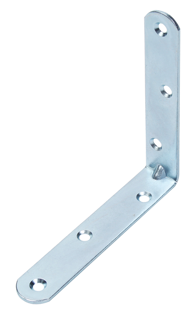 Équerre de chaise renforcée avec bouts arrondis, avec trous de vis fraisés, Matériau: Acier brut, Finition: zinguée, Largeur: 100 mm, Hauteur: 100 mm, Profondeur: 19 mm, Épaisseur du matériau: 2,00 mm, Nombre de trous: 6, Trou: Ø5 mm, CutCase