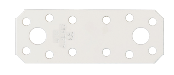 Flachverbinder, Material: Stahl roh, Oberfläche: verzinkt, weiß kunststoffbeschichtet, mit Kennzeichnung nach EN 14545, Länge: 96 mm, Breite: 35 mm, Materialstärke: 2,50 mm, Anzahl Löcher: 2 / 12, Loch: Ø11 / Ø5 mm, CutCase