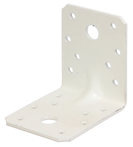 Schwerlast-Winkelverbinder mit Sicke, Material: Stahl roh, Oberfläche: verzinkt, weiß kunststoffbeschichtet, mit CE-Kennzeichnung nach ETA-08/0165, Tiefe: 70 mm, Höhe: 70 mm, Breite: 55 mm, Materialstärke: 2,50 mm, Anzahl Löcher: 2 / 16, Loch: Ø11 / Ø5 mm, CutCase