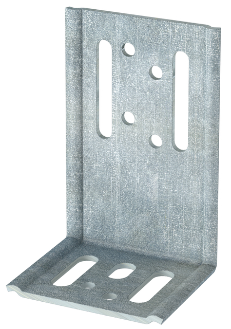 Équerre de bardage, Matériau: Acier brut, Finition: galvanisée Sendzimir, Profondeur: 53 mm, Hauteur: 98 mm, Largeur: 66 mm, Épaisseur du matériau: 2,50 mm, Nombre de trous: 1 / 2 / 2 / 6, Trou: 8,5 x 15 / 8,5 x 30 / 6,5 x 40 / Ø5,5 mm, CutCase