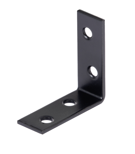 Équerre de chaise, avec sur chaque côté, des trous de vis tête fraisée, Matériau: Acier brut, Finition: zinguée, plastifiée noire, Profondeur: 40 mm, Hauteur: 40 mm, Largeur: 15 mm, Épaisseur du matériau: 1,75 mm, Nombre de trous: 4, Trou: Ø4,5 mm, Garantie de 15 ans contre l&apos;oxydation, CutCase