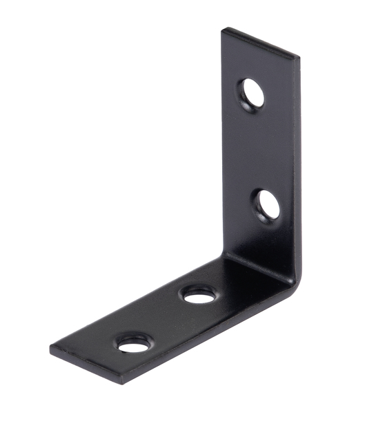 Équerre de chaise, avec sur chaque côté, des trous de vis tête fraisée, Matériau: Acier brut, Finition: zinguée, plastifiée noire, Profondeur: 40 mm, Hauteur: 40 mm, Largeur: 15 mm, Épaisseur du matériau: 1,75 mm, Nombre de trous: 4, Trou: Ø4,5 mm, Garantie de 15 ans contre l'oxydation, CutCase