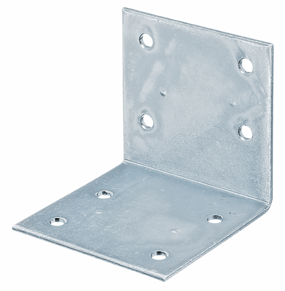 Wide angle bracket, equal sided, with countersunk screw holes, Material: raw steel, Surface: sendzimir galvanised, Depth: 60 mm, Height: 60 mm, Width: 60 mm, Material thickness: 2.00 mm, No. of holes: 8, Hole: Ø5 mm, CutCase