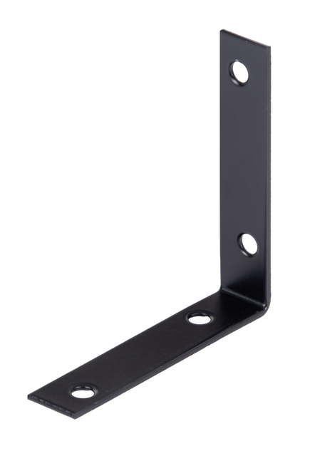 Équerre de chaise, avec sur chaque côté, des trous de vis tête fraisée, Matériau: Acier brut, Finition: zinguée, plastifiée noire, Profondeur: 75 mm, Hauteur: 75 mm, Largeur: 16 mm, Épaisseur du matériau: 1,75 mm, Nombre de trous: 4, Trou: Ø5,5 mm, Garantie de 15 ans contre l'oxydation, CutCase