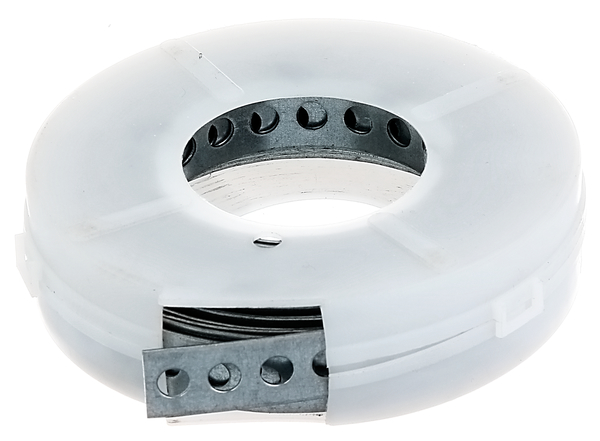 Builders band, Material: raw steel, Surface: sendzimir galvanised, in a roll-out cassette, Width: 17 mm, Distance from middle to middle of hole: 12 mm, Length: 3 m, Material thickness: 0.80 mm