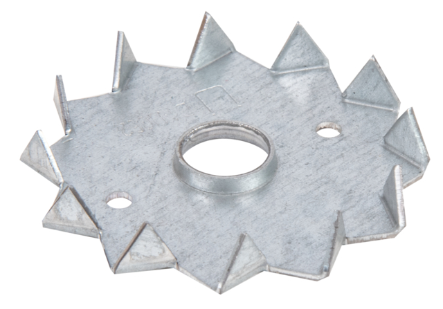 Scheibendübel mit Zähnen, Material: Stahl roh, Oberfläche: sendzimirverzinkt, mit Kennzeichnung nach EN 14545, Außen-Ø: 62 mm, Innen-Ø: 12 mm, ausgelegt für Standardquerschnitte aus Konstruktionsvollholz (KVH) und Brettschichtholz (BS-Holz), CutCase