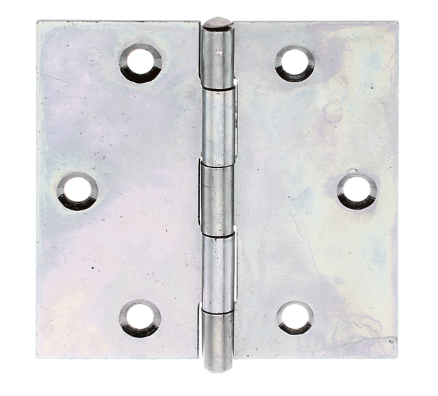 Hinge, squared, with countersunk screw holes, Material: raw steel, Surface: sendzimir galvanised, with riveted stainless steel pin, Length: 60 mm, Width: 60 mm, Type: rolled, Material thickness: 1.00 mm, No. of holes: 6, Hole: Ø4.5 mm, Item no.: 345990, Russia article