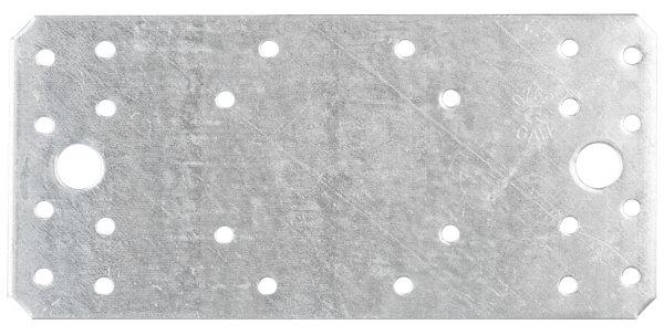 Platine d'assemblage, Matériau: Acier brut, Finition: galvanisée Sendzimir, avec marquage selon EN 14545, Longueur: 190 mm, Largeur: 90 mm, Épaisseur du matériau: 3,00 mm, Nombre de trous: 2 / 24, Trou: Ø13 / Ø5 mm, CutCase
