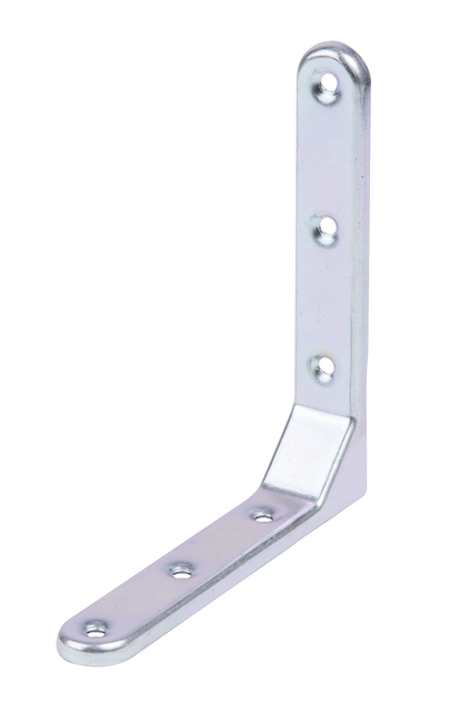 Équerre décorative emboutie, avec trous de vis fraisés, Matériau: Acier brut, Finition: galvanisée passivée, Profondeur: 130 mm, Hauteur: 130 mm, Largeur: 21 mm, Épaisseur du matériau: 1,50 mm, Nombre de trous: 6, Trou: Ø5 mm