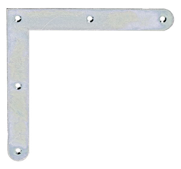 Flat angle bracket, rounded ends, with countersunk screw holes, Material: raw steel, Surface: galvanised, thick-film passivated, Height: 150 mm, Length: 150 mm, Width: 20 mm, Material thickness: 2.00 mm, No. of holes: 5, Hole: Ø4 mm, Item no.: 339746, Russia article, CutCase