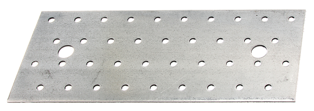 Lochplatte, Material: Stahl roh, Oberfläche: sendzimirverzinkt, mit Kennzeichnung nach EN 14545, Länge: 200 mm, Breite: 80 mm, Materialstärke: 2,00 mm, Anzahl Löcher: 2 / 38, Loch: Ø11 / Ø5 mm, ausgelegt für Standardquerschnitte aus Konstruktionsvollholz (KVH) und Brettschichtholz (BS-Holz), CutCase