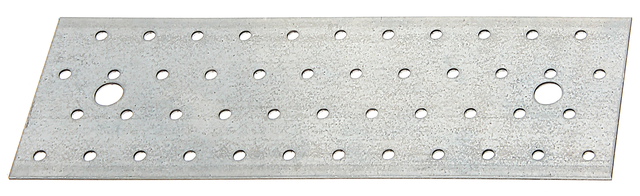 Lochplatte, Material: Stahl roh, Oberfläche: sendzimirverzinkt, mit Kennzeichnung nach EN 14545, Länge: 240 mm, Breite: 80 mm, Materialstärke: 2,00 mm, Anzahl Löcher: 2 / 46, Loch: Ø11 / Ø5 mm, ausgelegt für Standardquerschnitte aus Konstruktionsvollholz (KVH) und Brettschichtholz (BS-Holz), CutCase