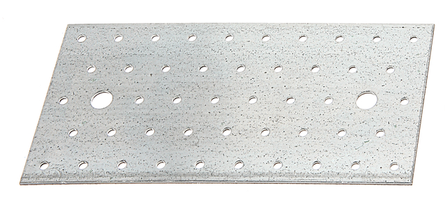 Lochplatte, Material: Stahl roh, Oberfläche: sendzimirverzinkt, mit Kennzeichnung nach EN 14545, Länge: 200 mm, Breite: 100 mm, Materialstärke: 2,00 mm, Anzahl Löcher: 2 / 46, Loch: Ø11 / Ø5 mm, ausgelegt für Standardquerschnitte aus Konstruktionsvollholz (KVH) und Brettschichtholz (BS-Holz), CutCase