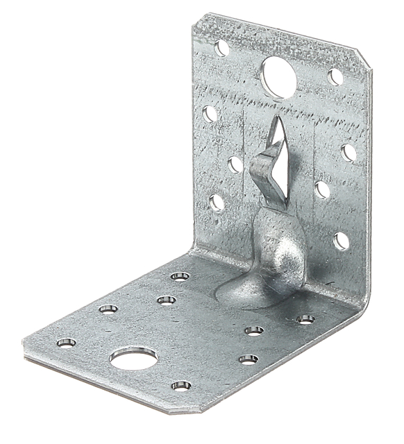 Winkelverbinder mit Sicke und Fixierkralle zum Einschlagen, Material: Stahl roh, Oberfläche: sendzimirverzinkt, Tiefe: 70 mm, Höhe: 70 mm, Breite: 55 mm, Materialstärke: 2,00 mm, Anzahl Löcher: 2 / 16, Loch: Ø11 / Ø4,5 mm, ausgelegt für Standardquerschnitte aus Konstruktionsvollholz (KVH) und Brettschichtholz (BS-Holz), CutCase