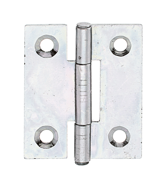 Scharnier, schmal, mit versenkten Schraublöchern, Material: Stahl roh, Oberfläche: sendzimirverzinkt, mit vernietetem Edelstahlstift, Länge: 31,5 mm, Breite: 25,8 mm, Ausführung: gerollt, Materialstärke: 0,75 mm, Anzahl Löcher: 4, Loch: Ø3 mm