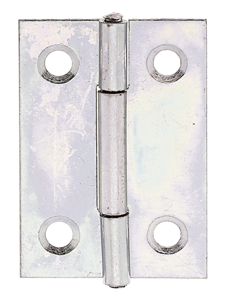 Scharnier, schmal, mit versenkten Schraublöchern, Material: Stahl roh, Oberfläche: sendzimirverzinkt, mit vernietetem Edelstahlstift, Länge: 38 mm, Breite: 26 mm, Ausführung: gerollt, Materialstärke: 0,75 mm, Anzahl Löcher: 4, Loch: Ø3,7 mm