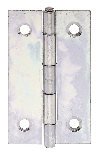 Scharnier, schmal, mit versenkten Schraublöchern, Material: Stahl roh, Oberfläche: sendzimirverzinkt, mit vernietetem Edelstahlstift, Länge: 51 mm, Breite: 30 mm, Ausführung: gerollt, Materialstärke: 0,75 mm, Anzahl Löcher: 4, Loch: Ø3,7 mm