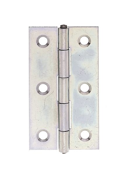 Scharnier, schmal, mit versenkten Schraublöchern, Material: Stahl roh, Oberfläche: sendzimirverzinkt, mit vernietetem Edelstahlstift, Länge: 60 mm, Breite: 34 mm, Ausführung: gerollt, Materialstärke: 1,00 mm, Anzahl Löcher: 6, Loch: Ø4,3 mm