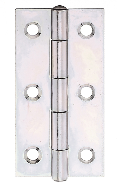 Scharnier, schmal, mit versenkten Schraublöchern, Material: Stahl roh, Oberfläche: sendzimirverzinkt, mit vernietetem Edelstahlstift, Länge: 70 mm, Breite: 35,4 mm, Ausführung: gerollt, Materialstärke: 1,00 mm, Anzahl Löcher: 6, Loch: Ø4,5 mm
