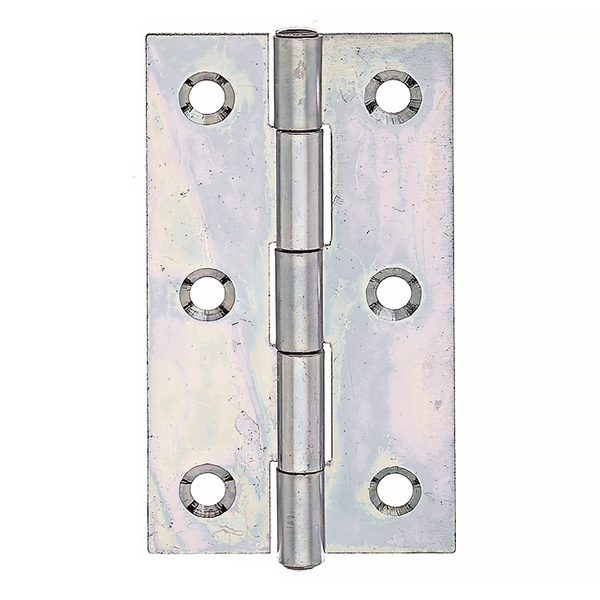 Scharnier, schmal, mit versenkten Schraublöchern, Material: Stahl roh, Oberfläche: sendzimirverzinkt, mit vernietetem Edelstahlstift, Länge: 80 mm, Breite: 41 mm, Ausführung: gerollt, Materialstärke: 1,20 mm, Anzahl Löcher: 6, Loch: Ø5,2 mm