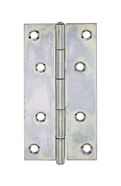 Scharnier, schmal, mit versenkten Schraublöchern, Material: Stahl roh, Oberfläche: sendzimirverzinkt, mit vernietetem Edelstahlstift, Länge: 100 mm, Breite: 52 mm, Ausführung: gerollt, Materialstärke: 1,25 mm, Anzahl Löcher: 8, Loch: Ø5,2 mm