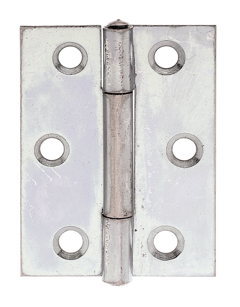 Zawias półszeroki, z nitowanym sztyftem ze stali nierdzewnej, z wpuszczonymi otworami na śruby, materiał: stal surowa, powierzchnia: ocynkowana metodą Sędzimira, Długość: 51 mm, Szerokość: 37,2 mm, Wersja: toczona, Grubość materiału: 1,00 mm, Liczba otworów: 6, Otwór: Ø4,5 mm