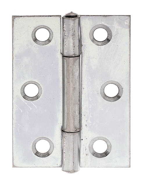 Charnière demi-large, avec goupille en acier inoxydable rivetée, avec trous de vis fraisés, Matériau: Acier brut, Finition: galvanisée Sendzimir, Longueur: 51 mm, Largeur: 37,2 mm, Version: roulée, Épaisseur du matériau: 1,00 mm, Nombre de trous: 6, Trou: Ø4,5 mm