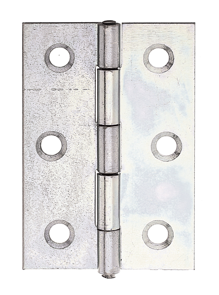 Zawias półszeroki, z nitowanym sztyftem ze stali nierdzewnej, z wpuszczonymi otworami na śruby, materiał: stal surowa, powierzchnia: ocynkowana metodą Sędzimira, Długość: 60 mm, Szerokość: 46 mm, Wersja: toczona, Grubość materiału: 1,20 mm, Liczba otworów: 6, Otwór: Ø5,4 mm