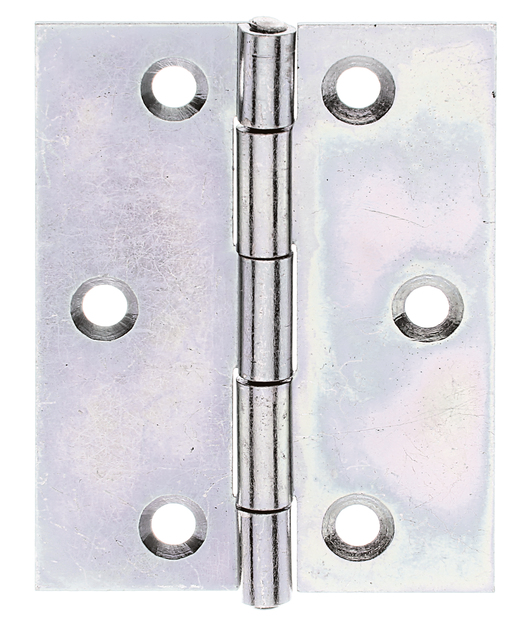 Charnière demi-large, avec goupille en acier inoxydable rivetée, avec trous de vis fraisés, Matériau: Acier brut, Finition: galvanisée Sendzimir, Longueur: 70 mm, Largeur: 53,6 mm, Version: roulée, Épaisseur du matériau: 1,20 mm, Nombre de trous: 6, Trou: Ø5 mm