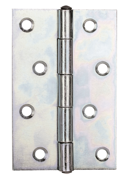 Charnière demi-large, avec goupille en acier inoxydable rivetée, avec trous de vis fraisés, Matériau: Acier brut, Finition: galvanisée Sendzimir, Longueur: 100 mm, Largeur: 72 mm, Version: roulée, Épaisseur du matériau: 1,50 mm, Nombre de trous: 8, Trou: Ø6 mm