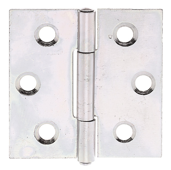 Zawias kwadratowy, z wpuszczonymi otworami na śruby, materiał: stal surowa, powierzchnia: ocynkowana metodą Sędzimira, z nitowanym trzpieniem ze stali szlachetnej, Długość: 38 mm, Szerokość: 38,4 mm, Wersja: toczona, Grubość materiału: 0,75 mm, Liczba otworów: 6, Otwór: Ø4 mm