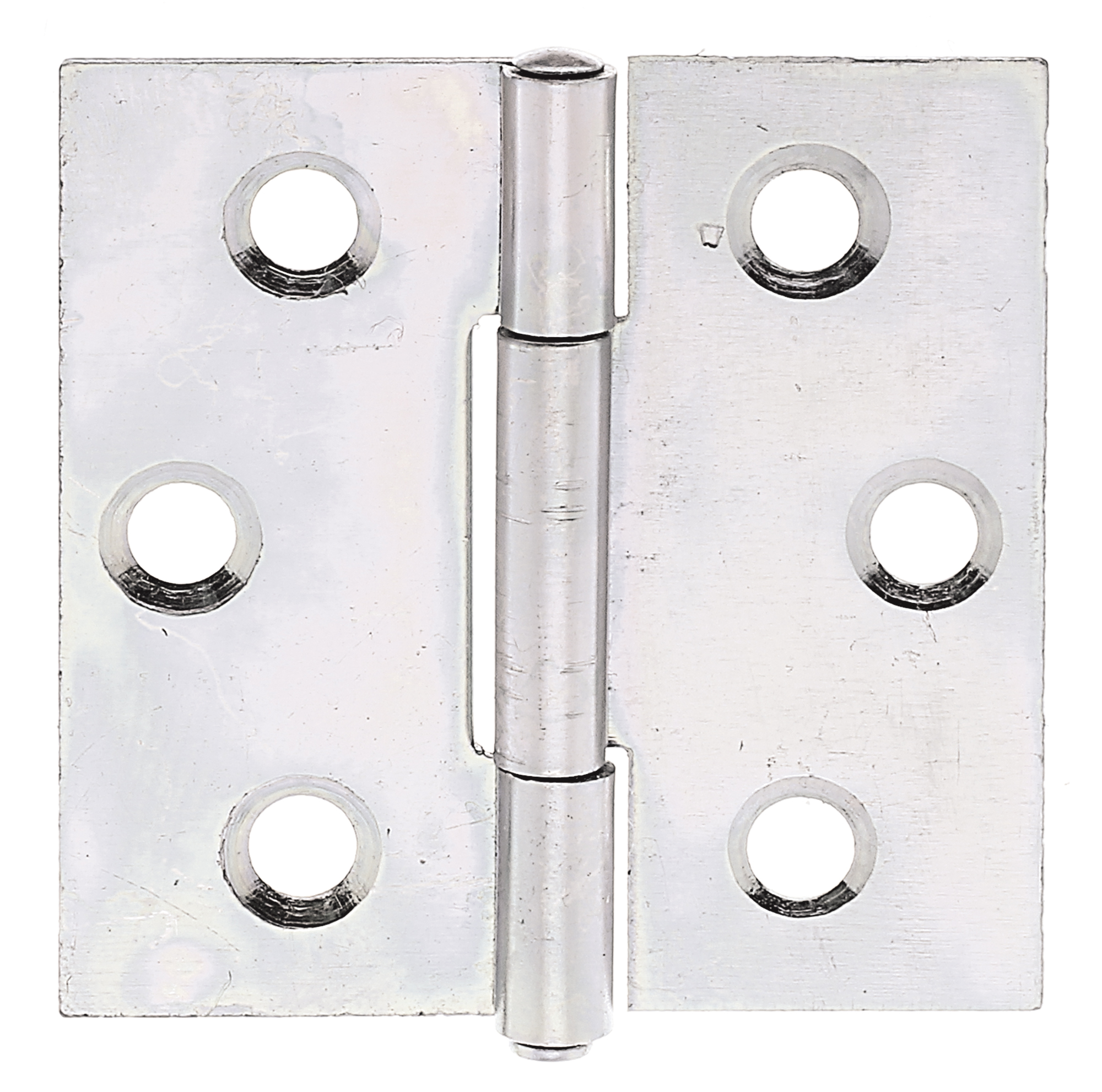 Cerniera, modello quadro, con fori per viti incassate, Materiale: acciaio grezzo, superficie: zincata sendzimir, con perno in acciaio inox rivettato, lunghezza: 38 mm, Larghezza: 38,4 mm, Modello: rullato, Spessore del materiale: 0,75 mm, Numero di fori: 6, Foro: Ø4 mm