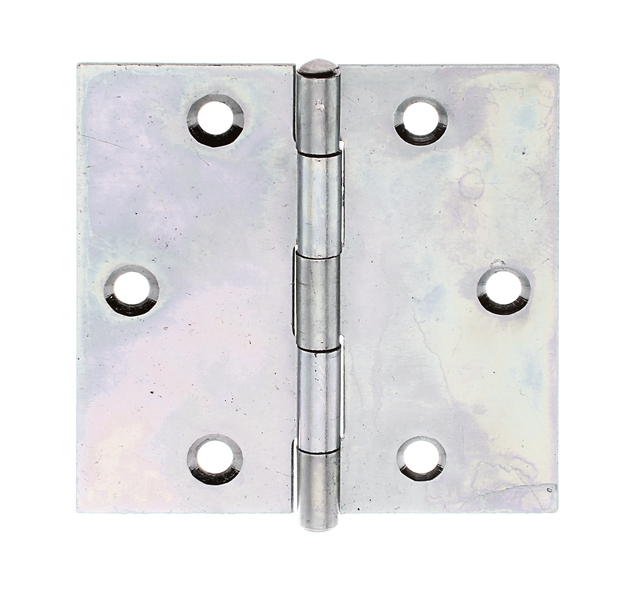 Charnière carrée, avec trous de vis fraisés, Matériau: Acier brut, Finition: galvanisée Sendzimir, avec tige inox rivetée, Longueur: 60 mm, Largeur: 60 mm, Version: roulée, Épaisseur du matériau: 1,00 mm, Nombre de trous: 6, Trou: Ø4,5 mm