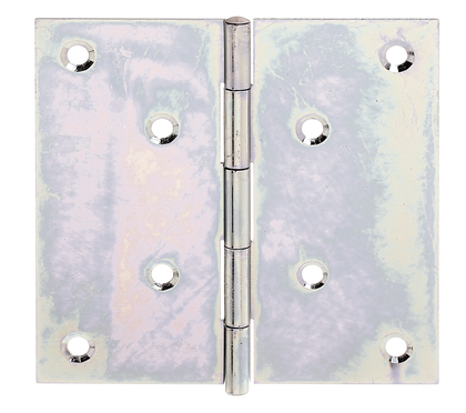 Charnière carrée, avec trous de vis fraisés, Matériau: Acier brut, Finition: galvanisée Sendzimir, avec tige inox rivetée, Longueur: 100 mm, Largeur: 100 mm, Version: roulée, Épaisseur du matériau: 1,20 mm, Nombre de trous: 8, Trou: Ø5 mm