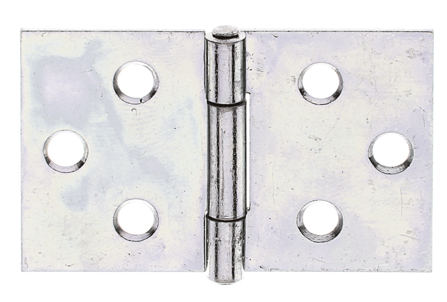 Charnière large, avec goupille en acier inoxydable rivetée, Matériau: Acier brut, Finition: galvanisée Sendzimir, Longueur: 30 mm, Largeur: 47,5 mm, Version: roulée, Épaisseur du matériau: 1,00 mm, Nombre de trous: 6, Trou: Ø4 mm