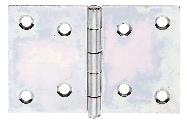 Hinge, wide, with riveted stainless steel pin, Material: raw steel, Surface: sendzimir galvanised, Length: 60 mm, Width: 90 mm, Type: rolled, Material thickness: 1.25 mm, No. of holes: 8, Hole: Ø5.3 mm