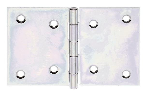 Hinge, wide, with riveted stainless steel pin, Material: raw steel, Surface: sendzimir galvanised, Length: 80 mm, Width: 120 mm, Type: rolled, Material thickness: 1.50 mm, No. of holes: 8, Hole: Ø6 mm