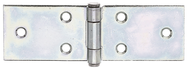 Zawias stołowy, z nitowanym sztyftem ze stali nierdzewnej, z wpuszczonymi otworami na śruby, materiał: stal surowa, powierzchnia: ocynkowana metodą Sędzimira, Długość: 32 mm, Szerokość: 100 mm, Wersja: toczona, Grubość materiału: 1,50 mm, Liczba otworów: 6, Otwór: Ø4,6 mm