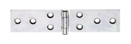 Table hinge, with riveted stainless steel pin, with countersunk screw holes, Material: raw steel, Surface: sendzimir galvanised, Length: 34 mm, Width: 140 mm, Type: rolled, Material thickness: 1.50 mm, No. of holes: 8, Hole: Ø5.2 mm
