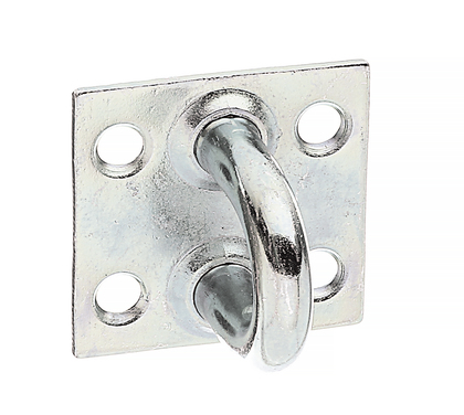 Anneau sur platine, Matériau: Acier brut, Finition: galvanisée passivée, Longueur de platine: 37 mm, Largeur de platine: 37 mm, Ø d'étrier: 7 mm, Épaisseur du matériau: 2,00 mm, Nombre de trous: 4, Trou: Ø5,5 mm